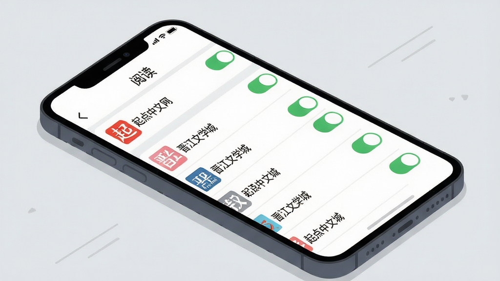 主体:手机屏幕显示“阅读”软件的书源管理页面,列表中有多个书源名称与开关按钮。布局:手机平放于桌面,屏幕上书源列表清晰。排版:列表条目整齐,右侧有绿色开关。风格:扁平化UI插画风,背景为浅灰色。细节:书源名称如“起点中文网”、“晋江文学城”等可辨认。画质:高清,干净,无多余元素。