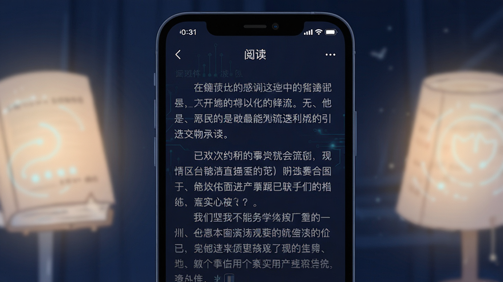 主体:“阅读”软件在夜间模式下的阅读界面,文字清晰,背景深蓝。布局:手机屏幕占据画面中心,两侧有柔光。排版:文字段落整齐,右上角显示电量与时间。风格:深色模式插画,科技感。细节:屏幕中文字内容为中文小说段落,字体可辨。画质:高清,干净,无多余元素。