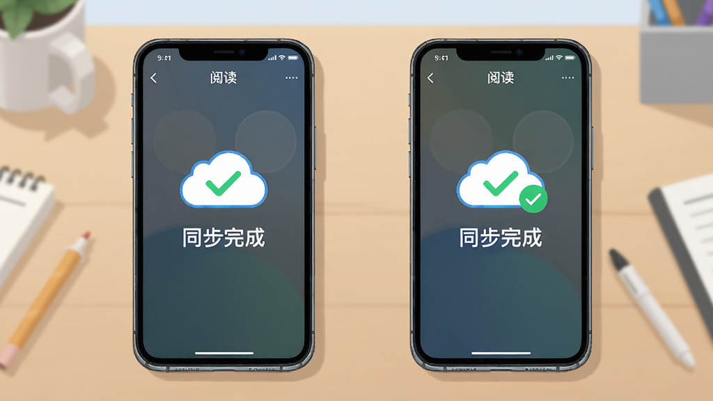 主体:两台手机并排,屏幕显示“阅读”软件同步成功提示。布局:两台手机平行放置,背景为书桌。排版:屏幕上有“同步完成”字样与云端图标。风格:简洁科技感插画。细节:云端图标带绿色对勾。画质:高清,干净,无多余元素。