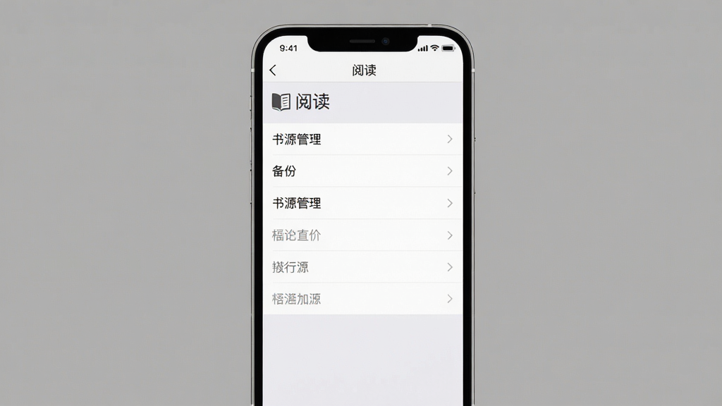 主体:手机屏幕显示“阅读”软件设置界面,有“书源管理”、“备份”等选项。布局:手机竖屏居中,背景为纯色。排版:菜单列表清晰。风格:扁平化UI截图风格。细节:菜单项文字可读。画质:高清,干净,无多余元素。