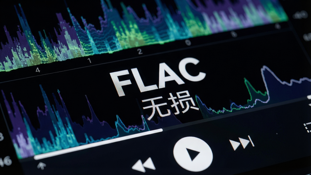 一张展示Koda播放无损音乐格式的界面特写,背景为音乐频谱图,界面显示“FLAC”与“无损”字样,画质细腻,风格科技感,干净无多余元素。