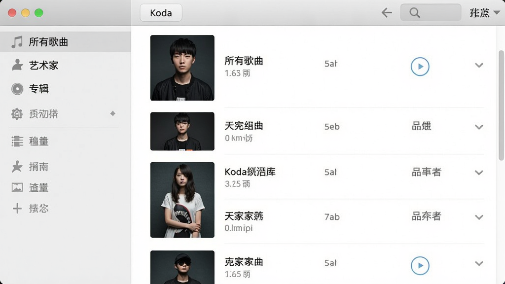 一张Koda音乐库分类界面的截图,左侧为侧边栏,显示“所有歌曲”、“艺术家”、“专辑”等分类,右侧为歌曲列表,界面风格清爽,排版整齐,画质干净。