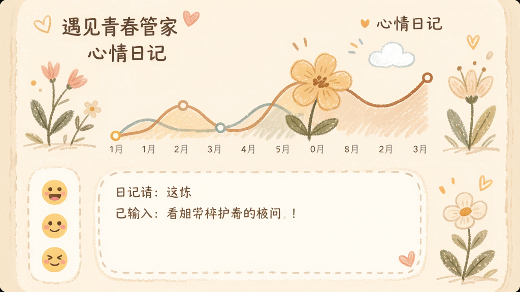 “遇见青春管家”心情日记界面,上方为情绪曲线图,下方为日记输入框,左侧有表情图标,背景为柔和米色,搭配手绘风插画,整体感觉温馨治愈,排版舒适,画质细腻,无多余元素