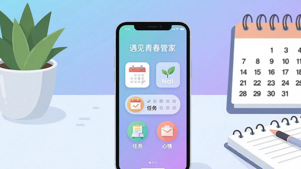 主体为一部亮着彩色界面的智能手机,屏幕显示“遇见青春管家”主界面,包含日历、任务、心情图标,背景为清新淡雅的渐变蓝紫色,桌面摆放绿植和日历本,整体布局干净明亮,扁平化设计风格,画质细腻,干净无多余元素