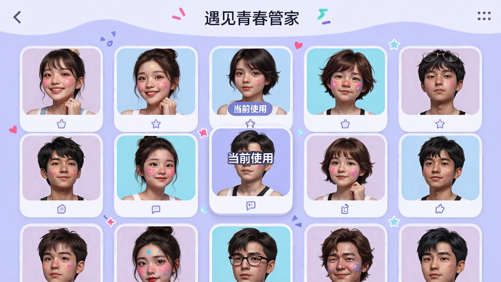 展示“遇见青春管家”主题商店界面,网格排列多款皮肤缩略图,中央有“当前使用”标签,背景为浅紫色,整体活泼明快,界面整洁,画质干净,无多余元素