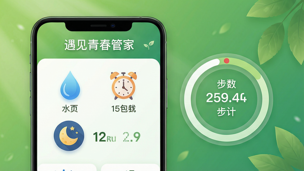 “遇见青春管家”健康提醒页面,显示水滴、闹钟、月亮图标,旁边有步数统计环,背景为绿色渐变,风格清新自然,布局合理,细节饱满,画质高清晰,无多余杂物