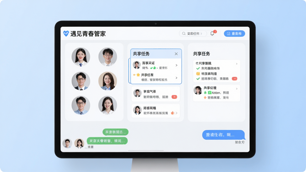 展示“遇见青春管家”团队协作界面,屏幕上有多个成员头像,共享任务看板,底部有聊天气泡,背景为浅蓝色,整体布局简洁,现代商务风格,细节精致,画质干净