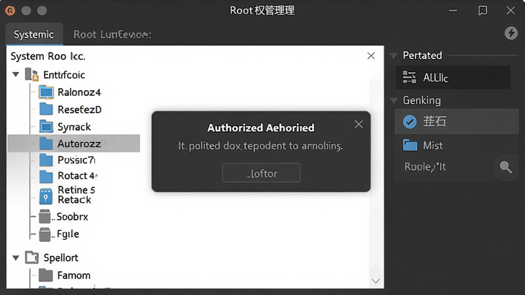 RT管理器Root权限管理界面,显示系统根目录结构,带有授权提示框,风格专业,深色主题,画质清晰