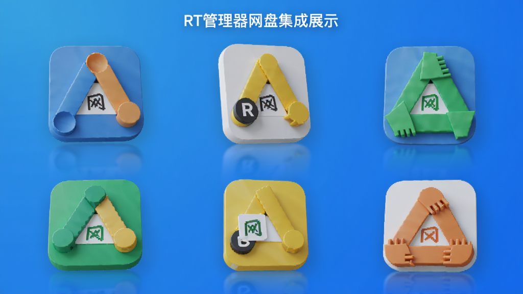 RT管理器网盘集成展示,列出多个网盘图标,背景为渐变蓝色,界面现代,图标立体,画质高清