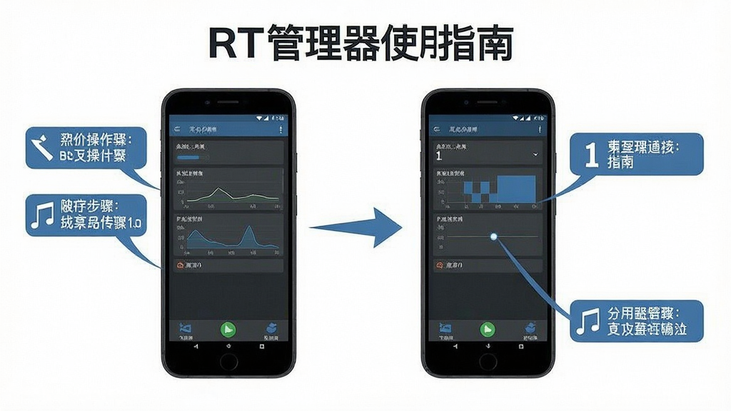 RT管理器使用指南示意图,展示手机操作步骤,配有文字标注,风格简洁,画质清晰