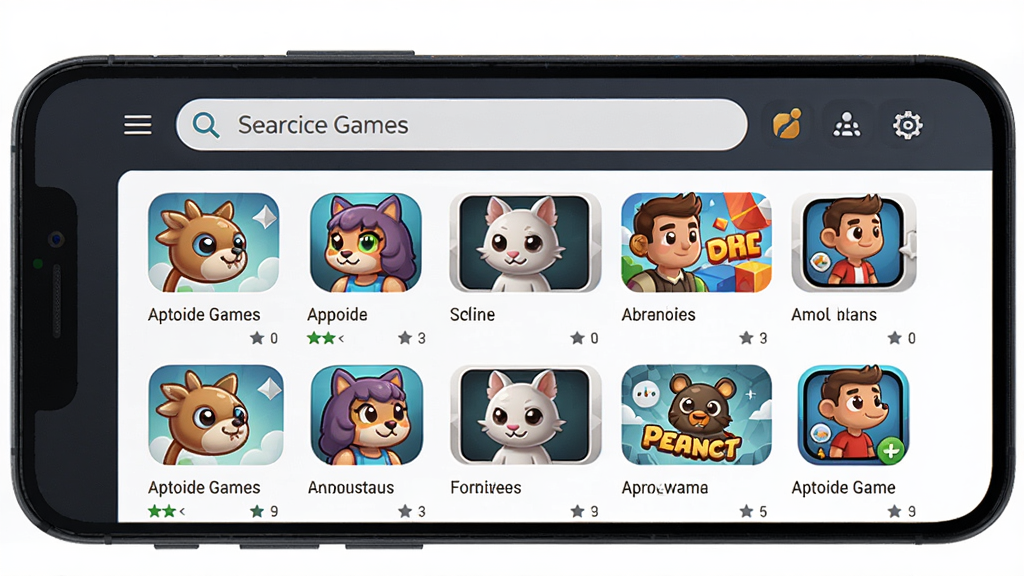 ��Ϸ�̵����չʾ������Ϊ�����ֻ���Ļ����Ļ��չʾAptoide GamesӦ���̵����ҳ���������������������������·�Ϊ��Ϸ�Ƽ��б�������������Ϸͼ������ƣ��Ű����룬����ִ���Լ��ɫ�����ޣ�ϸ�ڷḻ�����ʸ��壬�ɾ����޶���Ԫ��