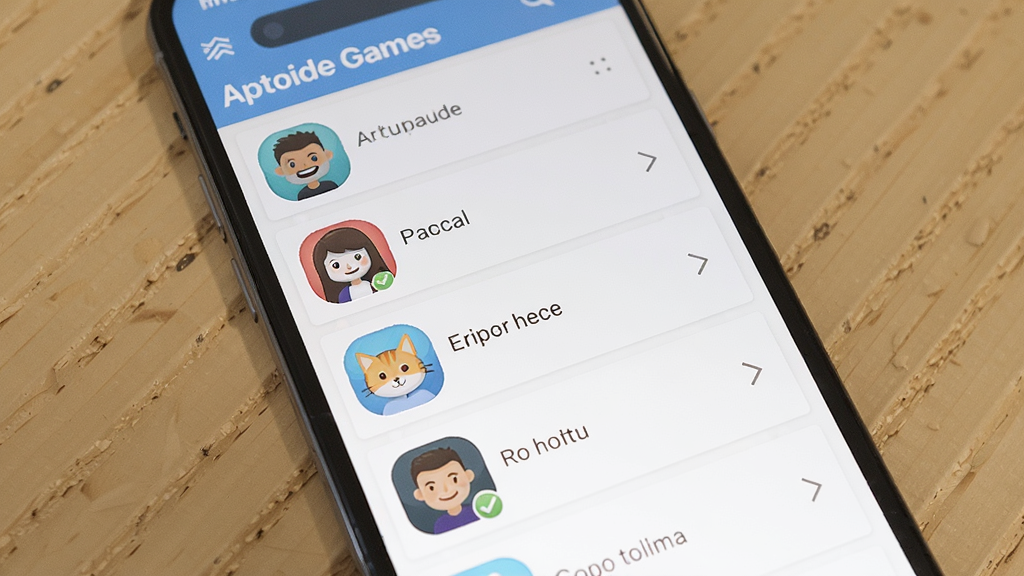 Aptoide Games�����̵�ҳ�棬����Ϊ�ֻ���Ļ��չʾ�û��������̵��б���ÿ���̵���ͷ������ƣ�����Ϊ�б�ʽ�������ˬ��ɫ�����죬ϸ�ڷḻ�����ʸ��壬�ɾ����޶���Ԫ��