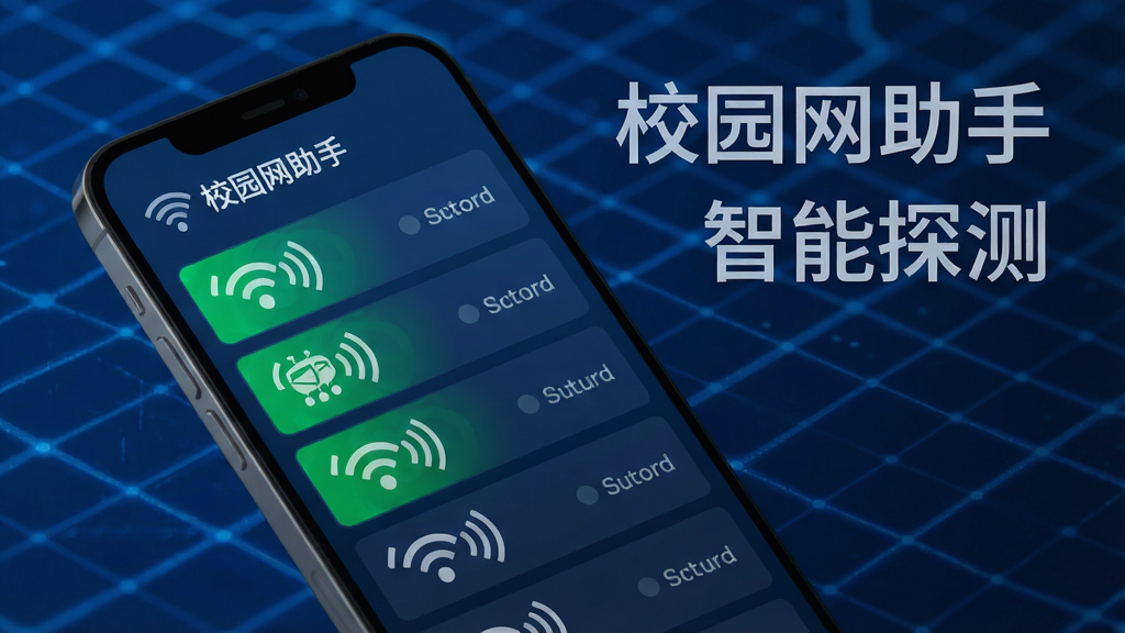 校园网助手智能探测功能示意图,手机屏幕显示扫描到的WiFi列表,热门信号用绿色高亮标出,背景为科技感蓝色网格,风格扁平化,文字标注“校园网助手”和“智能探测”,画质精细,无多余元素