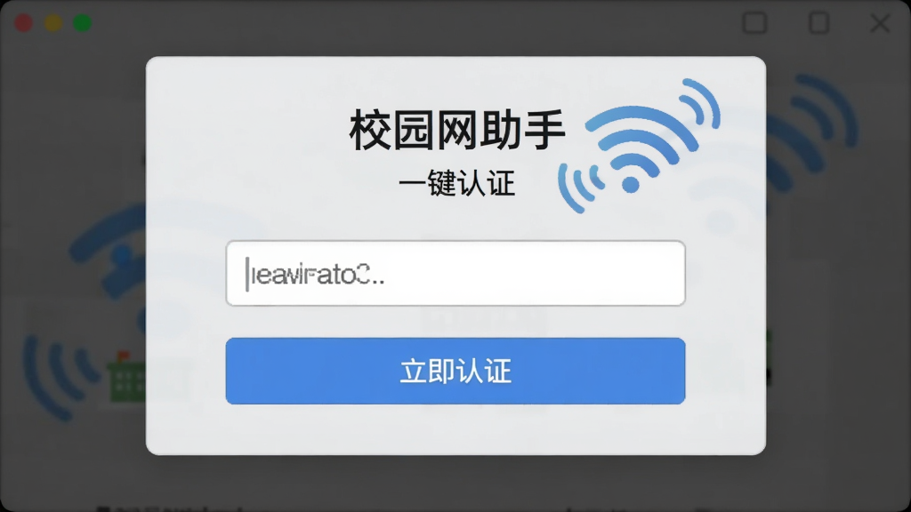 校园网助手一键认证操作界面,显示账号输入框和“立即认证”按钮,背景为浅灰色卡片式设计,配以WiFi图标和信号波纹,文字标注“校园网助手”和“一键认证”,画质干净,无多余元素