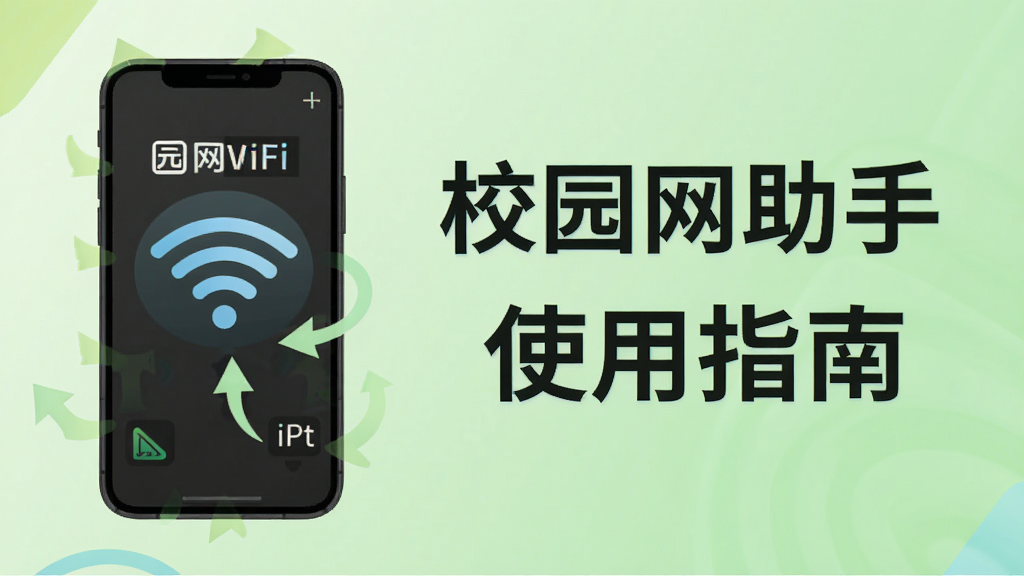 校园网助手使用指南示意图,展示手机连接WiFi的步骤,背景为浅绿色渐变,配以WiFi图标和操作箭头,文字标注“校园网助手”和“使用指南”,画质干净,无多余元素