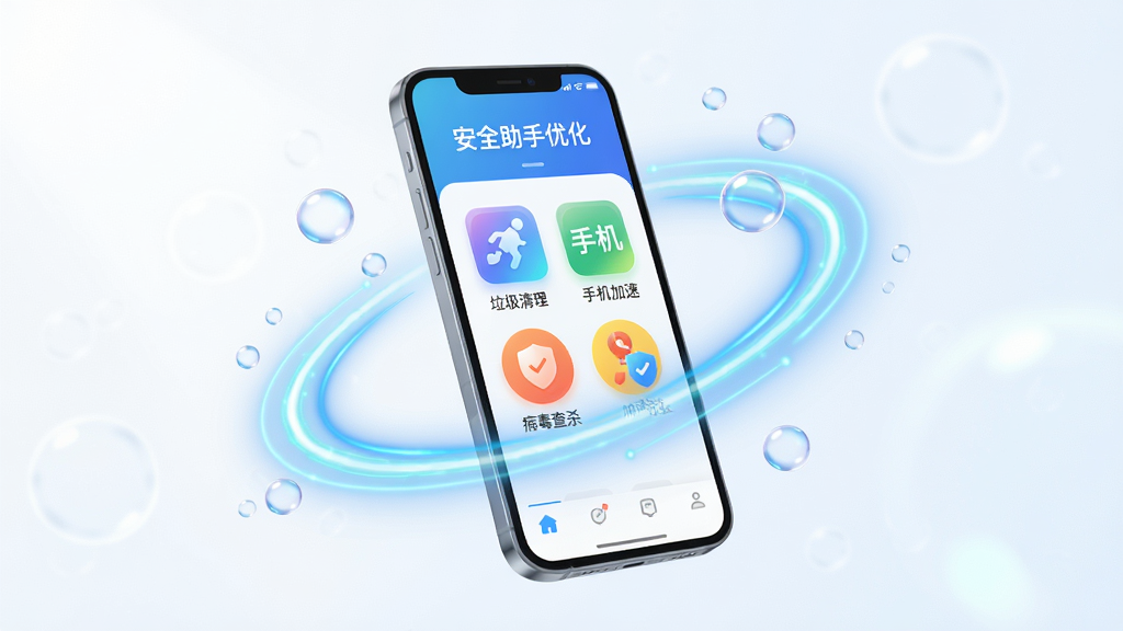 主视觉:3D智能手机悬浮在明亮背景中央,手机屏幕显示“安全助手优化”APP主界面,界面中有垃圾清理、手机加速、病毒查杀等彩色图标,周围环绕着代表清洁、加速的蓝色光效和气泡,整体风格清新现代,渲染出高效、安全、流畅的氛围,画质干净,无多余元素