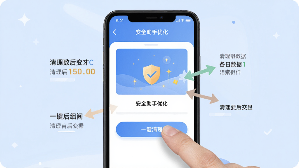 使用教程:手机屏幕上显示“安全助手优化”的操作界面,手指点击“一键清理”按钮,界面出现清理动画,周围有清理后的空间数据变化,背景淡蓝色,风格简洁明快,画质干净,无多余元素