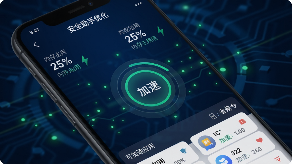 功能展示:手机屏幕显示“安全助手优化”的加速界面,界面中央有圆形“加速”按钮,周围显示内存占用百分比和可加速应用列表,背景为深蓝色科技感风格,配以闪烁的绿色光点,体现速度与省电,画质干净,无多余元素