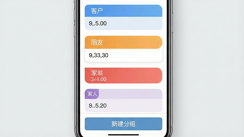 展示短信群发软件的联系人分组管理界面,图片主体为手机屏幕,屏幕上有多个彩色分组标签,如“客户”、“朋友”、“家人”,每个标签下显示联系人数量,底部有“新建分组”按钮。图片风格为清爽简约,背景为浅灰色,布局规整,细节清晰,画质高清,干净无多余元素。