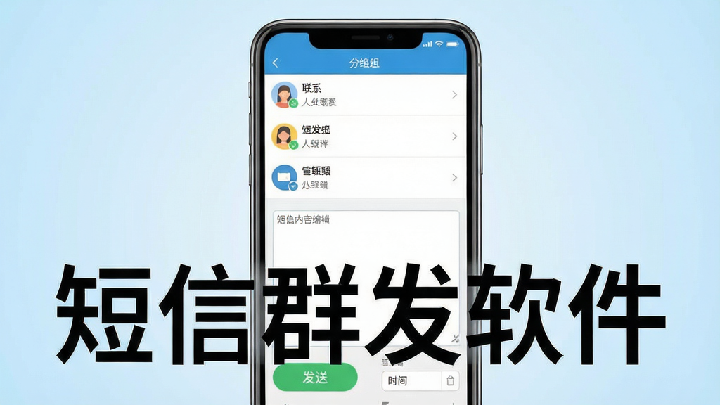 一张展示短信群发软件核心功能的预览图,图片主体为一部智能手机屏幕,屏幕上清晰显示软件主界面,界面布局简洁,上方为联系人分组列表,中间为短信内容编辑框,下方为发送按钮和时间设置选项。图片风格为现代扁平化,色彩明快,背景为淡蓝色渐变,整体画面干净清晰,突出“短信群发软件”名称,无多余元素,画质高清。