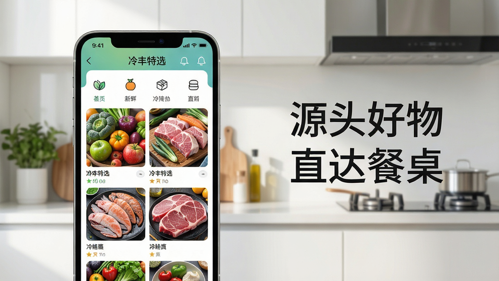 主体:手机屏幕展示冷丰特选APP界面,界面中显示新鲜蔬果、海鲜肉类等商品图,背景为简约现代厨房场景。布局:手机居中偏左,右侧留白放置文字标语“源头好物 直达餐桌”,整体排版清爽。风格:写实摄影与UI界面结合,色彩鲜亮自然。细节:APP界面需清晰可见“冷丰特选”品牌标识和商品分类图标,蔬果上带有水珠,肉类纹理清晰,画面干净通透。画质:8K超高清,光影自然,细节丰富,无多余元素。
