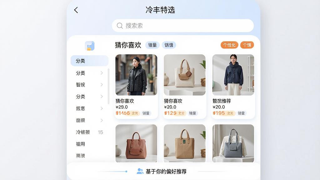 主体:冷丰特选APP的智能推荐页面,展示“猜你喜欢”商品列表和个性化标签。布局:屏幕中央为推荐商品瀑布流,左侧有分类侧边栏,顶部为搜索框,整体布局合理。风格:现代简约风,卡片圆角设计,色彩柔和。细节:商品图片清晰,标注价格与销量,页面底部有“基于你的偏好推荐”提示,APP名称“冷丰特选”置于顶部。画质:高清,界面光影柔和,细节精致,无多余元素。