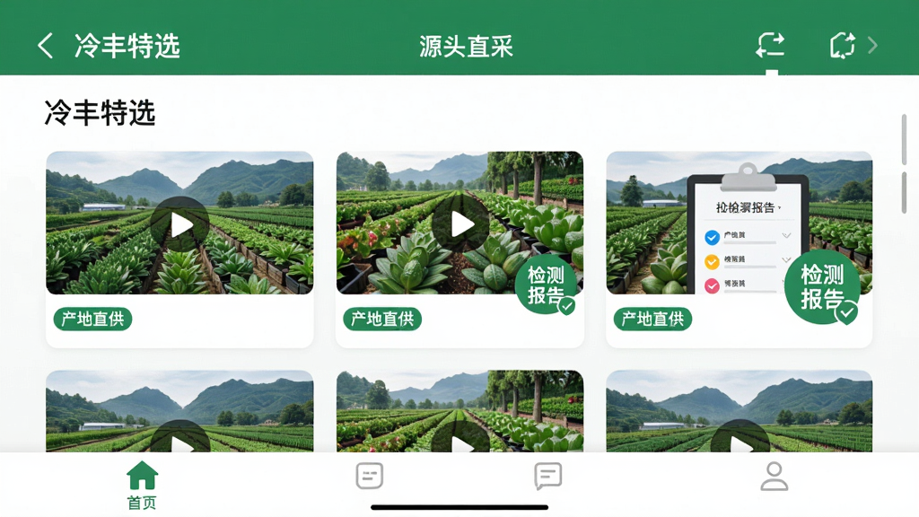 主体:冷丰特选APP的“源头直采”功能页面,展示产地实拍视频缩略图和检测报告图标。布局:页面顶部为导航栏,中部为商品卡片流,底部为标签栏,整体布局简洁清晰。风格:扁平化UI设计,搭配真实产地图景,色调清新自然。细节:屏幕内需标注“冷丰特选”字样,每张商品卡片带有“产地直供”小标签,检测报告图标醒目。画质:高清,UI元素边缘平滑,色彩饱和,无多余装饰。