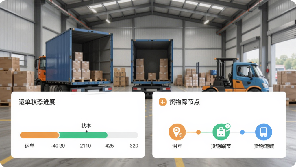 运宝司机版运输管理界面示意图,展示运单状态进度条和货物追踪节点,背景为仓库装货场景,界面采用卡片式设计,图标清晰,色彩鲜明,画质干净,无多余元素