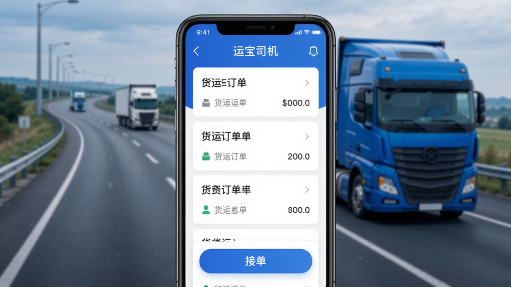 运宝司机版APP主界面展示,手机屏幕内显示货运订单列表和接单按钮,背景为高速公路与卡车元素,界面简洁现代,蓝色主色调,配以白色卡片式布局,文字清晰,画质高清,干净无多余元素