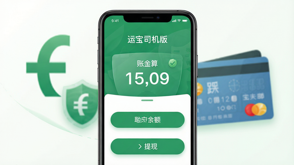 运宝司机版资金结算页面展示,手机界面显示账户余额和提现按钮,背景有人民币符号和银行卡元素,绿色安全风格,界面简洁,数字清晰,画质高清,干净无多余元素