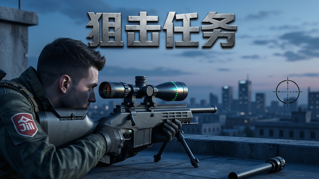 主体为一名身穿吉利服的现代狙击手,趴伏在楼顶,通过高倍狙击镜瞄准远方。画面整体采用冷色调,背景是黄昏时分的城市轮廓。布局上狙击手位于画面左侧,瞄准镜准星指向右侧远处的目标点。排版上方有游戏标题“狙击任务”的艺术字,风格写实硬朗,细节突出狙击镜内的十字刻线与环境光影反射,画质为4K高清渲染,画面干净无多余元素。