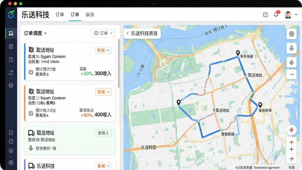 一张界面截图风格图片,展示“乐送科技”订单调度页面,左侧为订单卡片列表,右侧为地图路线规划,卡片上有取送地址、距离、预计收入等文字,整体界面干净,色彩明亮,高细节,无多余元素