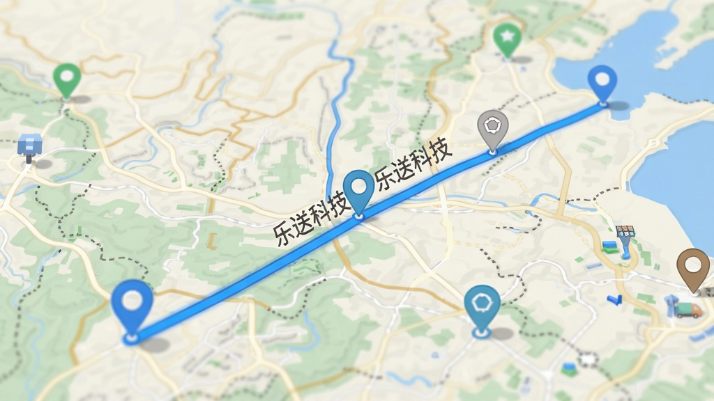 一幅动态地图轨迹示意图,地图上有多个标记点与一条蓝色行进路线,路线旁有“乐送科技”字样水印,画面清晰,风格写实,高分辨率,无多余元素