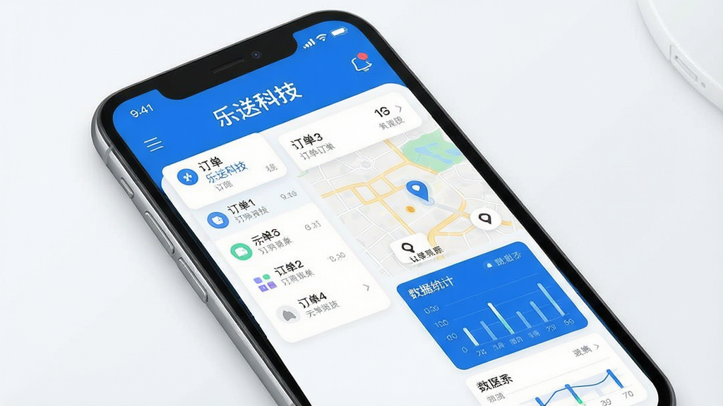 一张现代感十足的智能手机界面展示图,屏幕中央显示“乐送科技”APP主界面,包含订单列表、地图导航、数据统计等模块,整体布局清晰,配色以蓝白为主,风格简洁科技感,画面干净,高分辨率,无多余元素