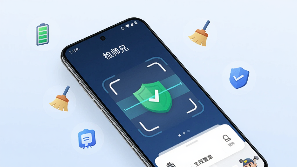 主体为一部亮屏的安卓智能手机,屏幕中央显示“检师兄”APP主界面,界面有扫描动画和绿色安全标识,手机斜放在浅蓝色渐变背景上,周围有悬浮的电池、清理、盾牌等小图标,排版简洁,风格现代科技感,细节清晰,画质干净,无多余元素