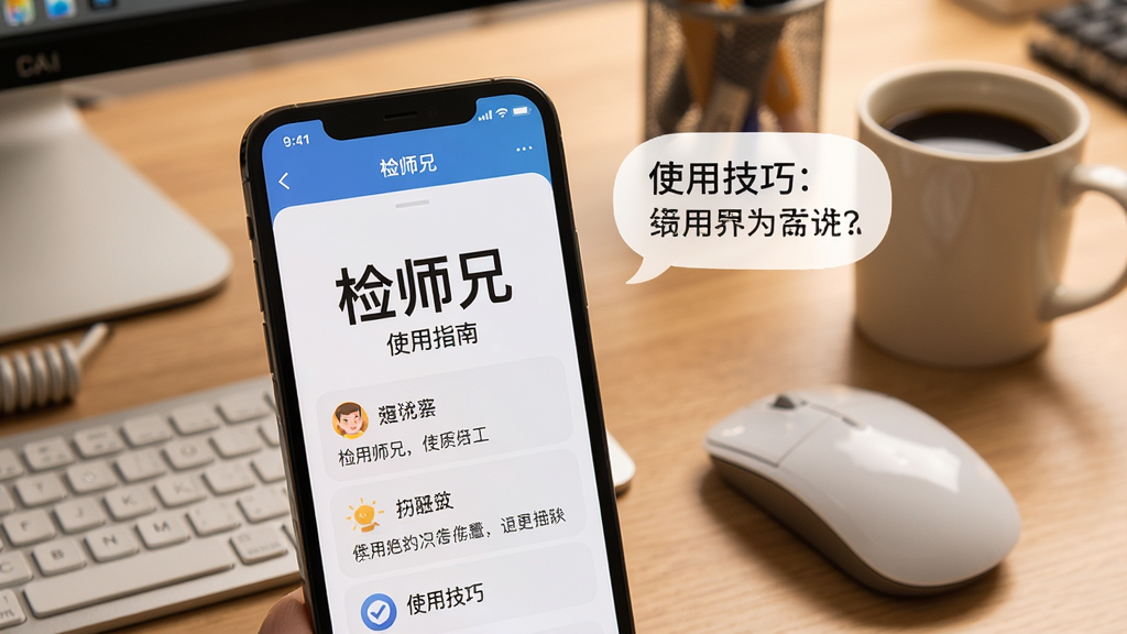 主体为一部手机屏幕上显示“检师兄”使用指南的截图,旁边配有文字气泡,背景为工作台,有鼠标和咖啡杯,布局清晰,排版自然,风格温馨,细节有“使用技巧”字样,画质干净,无多余元素
