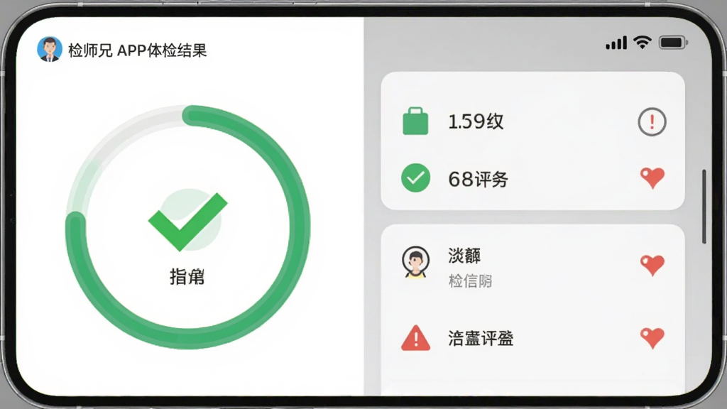 主体为“检师兄”APP的体检结果页面截图,展示环形进度条和各项指标评分,背景为灰色手机桌面,布局清晰,排版整齐,风格扁平化,细节包括绿色对勾和红色警告图标,画质干净,无多余元素