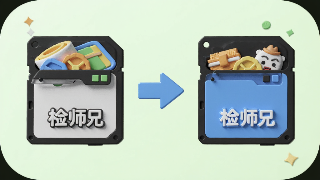 主体为手机清理前后存储空间对比的3D图标,左边为装满的存储卡,右边为清爽的存储卡,中间有箭头连接,背景为浅绿色,排版简洁,风格拟物化,细节有“检师兄”字样,画质干净,无多余元素