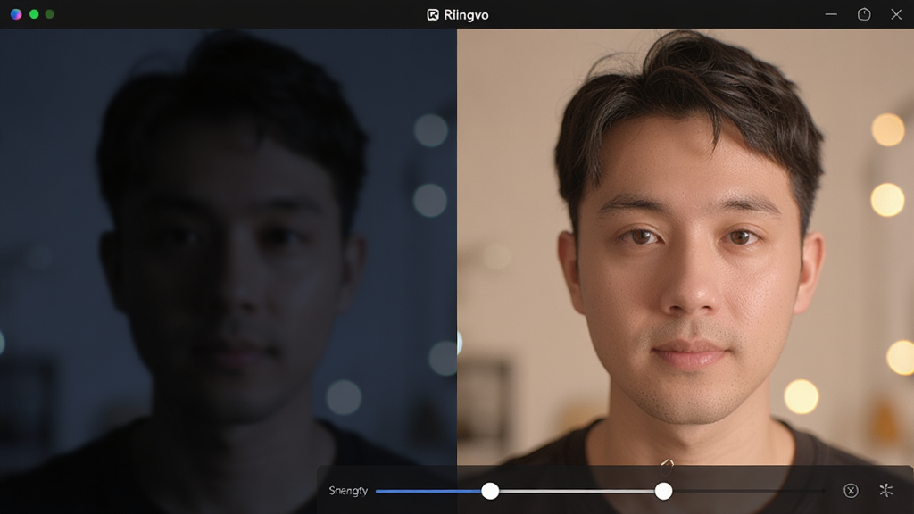 展示Riingvo软件在暗光环境下的实时补光效果对比图,主体为左半边昏暗模糊的人像与右半边经过Riingvo处理后明亮清晰的同一个人像。布局采用左右分割构图,排版简洁直观。风格为写实摄影与数字增强结合,色调从冷蓝过渡到暖橙。细节包括皮肤纹理的锐化、背景虚化的光斑以及界面上的补光强度滑杆。画质要求超写实,干净无多余元素,突出Riingvo的光影重塑能力。