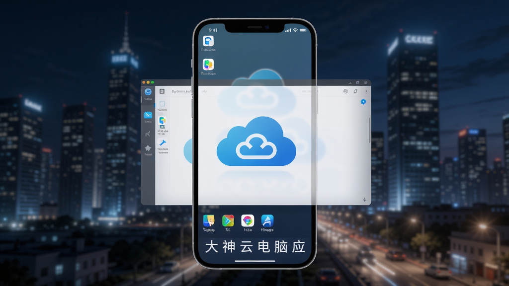 一张展示大神云电脑应用界面的高清渲染图,主体为手机屏幕内显示云电脑桌面,背景是城市夜景,布局居中,风格科技感,细节丰富,画质8K,干净无多余元素