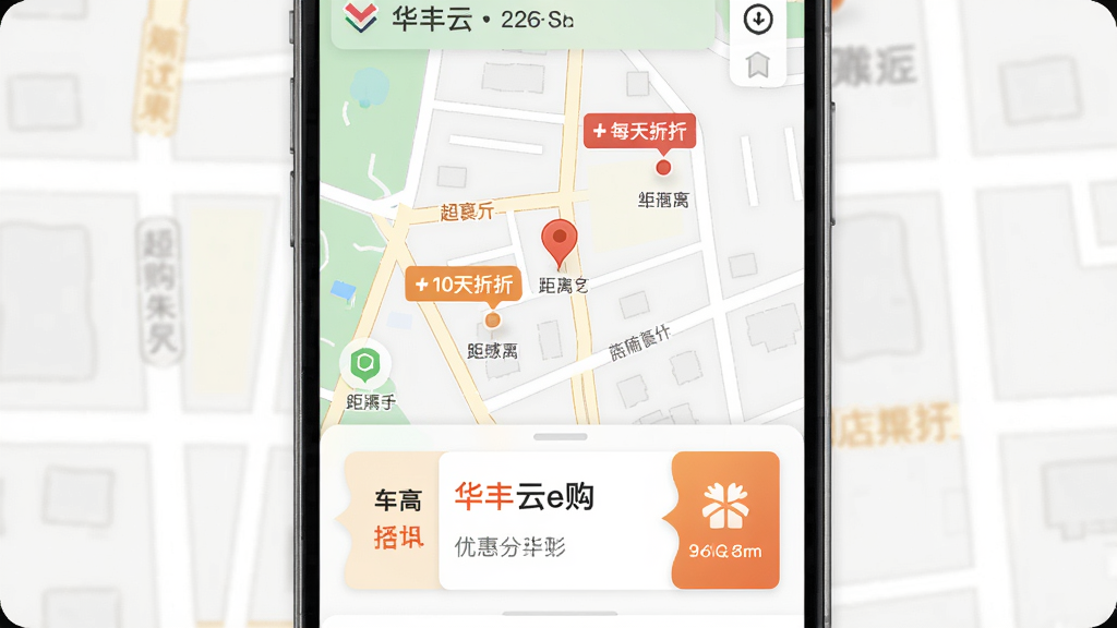 主体为手机地图界面显示附近商超门店标记,底部弹出华丰云e购优惠券卡片,背景为街道简图,布局以地图为主,排版清爽,风格生活化,细节包括门店距离和折扣标签,画质干净无多余元素