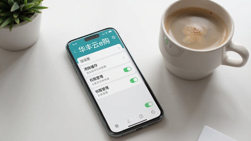 主体为智能手机竖屏显示华丰云e购设置页面,包含清除缓存和权限管理菜单,手机旁边放着一杯咖啡,桌面整洁,布局自然,排版清晰,风格生活化,细节包括菜单文字和开关按钮,画质干净无多余元素