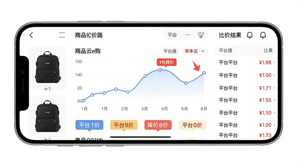 主体为手机横屏展示华丰云e购比价界面,中央是商品价格曲线图和多个平台价格标签,左右分布商品图片和比价结果列表,布局清晰,排版整齐,风格现代简约,细节包括折线图数据点和红色降价箭头,画质干净无多余元素