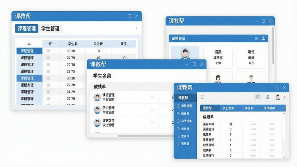 主体:课教帮软件界面展示教学管理功能,屏幕上有课程表、学生名单、成绩单等窗口;布局:多个窗口平铺在屏幕上,错落有致;排版:界面整洁,卡片式设计,数据清晰;风格:扁平化风格,蓝白配色;细节:窗口标题显示“课教帮”,有“课程管理”、“学生管理”等字样;画质:清晰,干净,无多余元素。