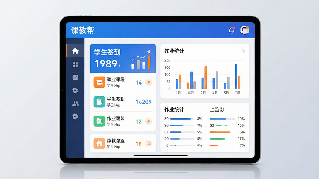 主体:课教帮软件在平板电脑上运行的界面,屏幕中展示课程列表、学生签到、作业统计等模块;布局:平板居中,界面清晰,左侧导航栏图标排列,右侧内容区显示图表与数据;排版:现代简约风格,信息层级分明,字体清晰;风格:科技感与教育感结合,色彩以蓝色、白色为主,辅以橙色点缀;细节:屏幕上有“课教帮”字样,界面元素精致,背景为浅灰色渐变;画质:高清渲染,干净,无多余元素。