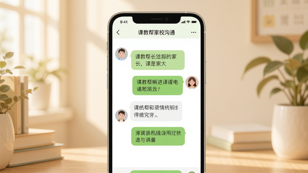 主体:手机屏幕显示课教帮家校聊天界面,有家长、老师的头像和对话气泡;布局:手机竖屏居中,界面友好;排版:对话清晰,头像圆润;风格:温暖色调,绿色与白色搭配;细节:屏幕上有“课教帮家校沟通”字样;画质:高清,干净,无多余元素。