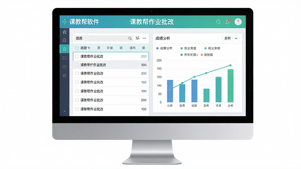 主体:课教帮软件在电脑屏幕上显示作业批改界面,左侧为题目列表,右侧为成绩分析图表;布局:电脑屏幕占据画面中央,界面清晰;排版:数据可视化,图表美观;风格:简洁商务风,配色清爽;细节:屏幕上有“课教帮作业批改”字样;画质:高清,干净,无多余元素。