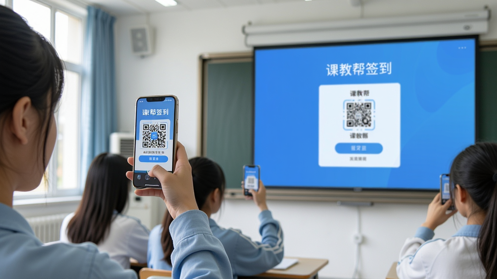 主体:课堂上学生使用手机扫描大屏幕上的二维码签到,大屏幕显示课教帮签到界面;布局:前景为学生举手机扫码,背景为教室投影屏幕;排版:画面生动,动作自然;风格:真实摄影风格,光线明亮;细节:屏幕上有“课教帮签到”字样;画质:高清,干净,无多余元素。