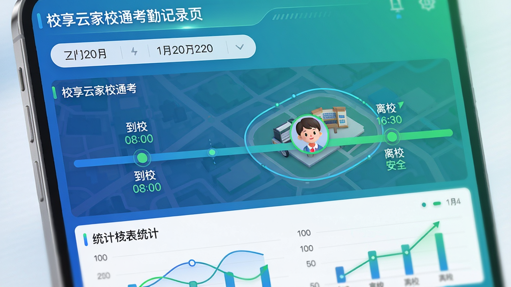 ���壺У���Ƽ�Уͨ���ڼ�¼ҳ�棬չʾѧ�����յĵ�У����Уʱ�䡣���֣�ҳ�涥��Ϊ����ѡ�������в�Ϊʱ���ᣬ�ײ�Ϊͳ��ͼ�����Ű棺ʱ����������ע����У 08:00���롰��У 16:30������ɫ������ȫ����񣺿��ӻ�ͼ�������ɫ����ɫ���䣬�Ƽ���ǿ��ϸ�ڣ���ͼ����ʾУ԰Χ����Χ������ͷ����Χ���ڡ����ʣ�����ϸ�ڣ��ɾ��޶���Ԫ�ء�