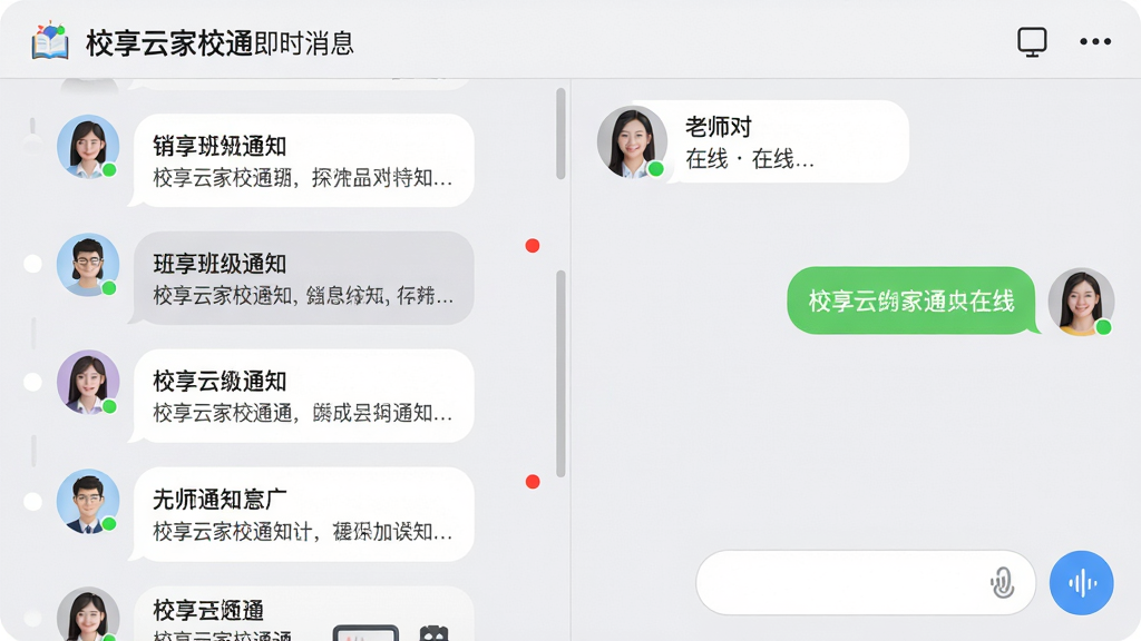 ���壺У���Ƽ�Уͨ��ʱ��Ϣ���棬��ʾ��ʦ���͵İ༶֪ͨ�б������֣����Ϊ��Ϣ�б����Ҳ�Ϊ���촰�ڣ�ģ����ʵ�Ի��������Ű棺��Ϣ����Բ��δ����Ϣ�����ʾ��������¼�࣬����Ϊǳ��ɫ��ͼ������������ϸ�ڣ����촰�ڶ�����ʾ��ʦͷ�������״̬���ײ����������밴ť�����ʣ��߷ֱ�����Ⱦ����ʵ��ǿ������ɾ����޶���Ԫ�ء�